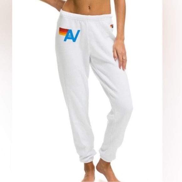 Aviator Nation Pants - Aviator Nation White Sweatpants with Rainbow Logo